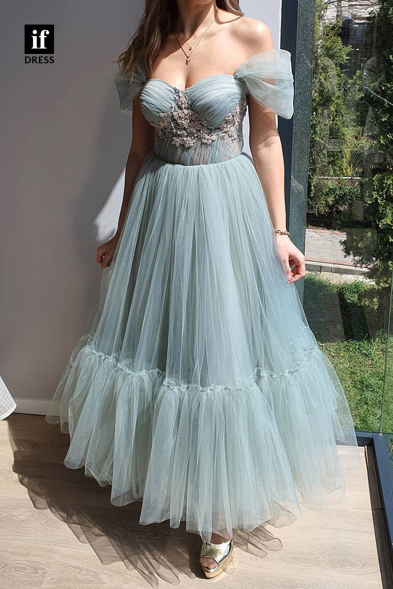 34045 - A-line Off the Shoulder Appliques Vintage Formal Evening Dress