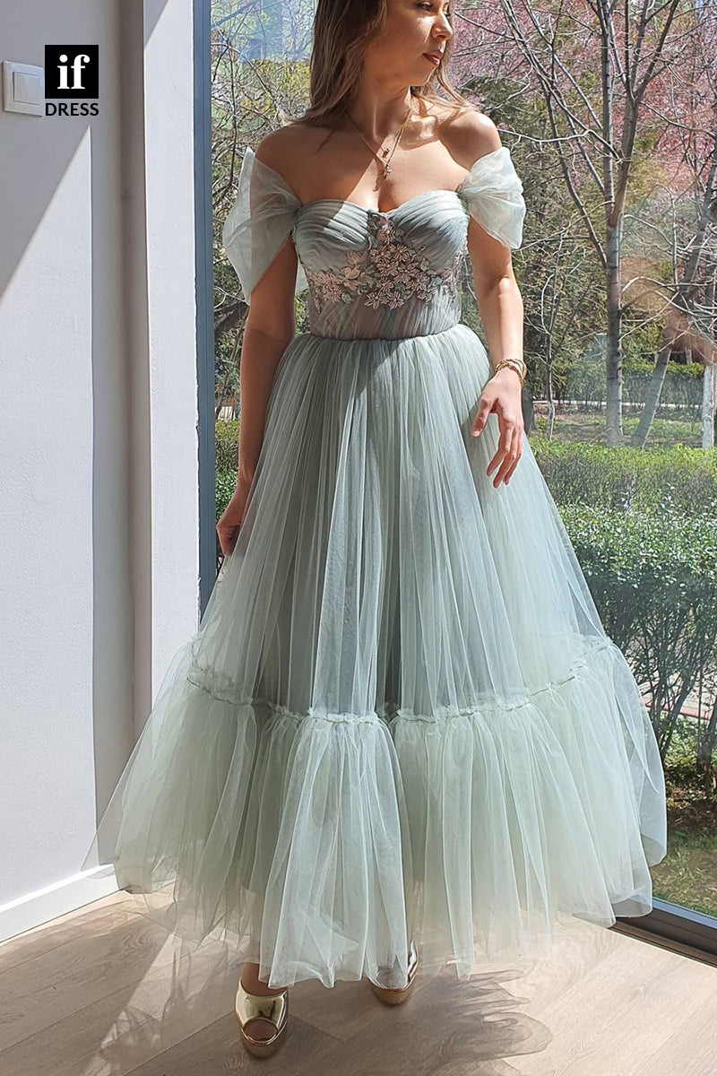 34045 - A-line Off the Shoulder Appliques Vintage Formal Evening Dress