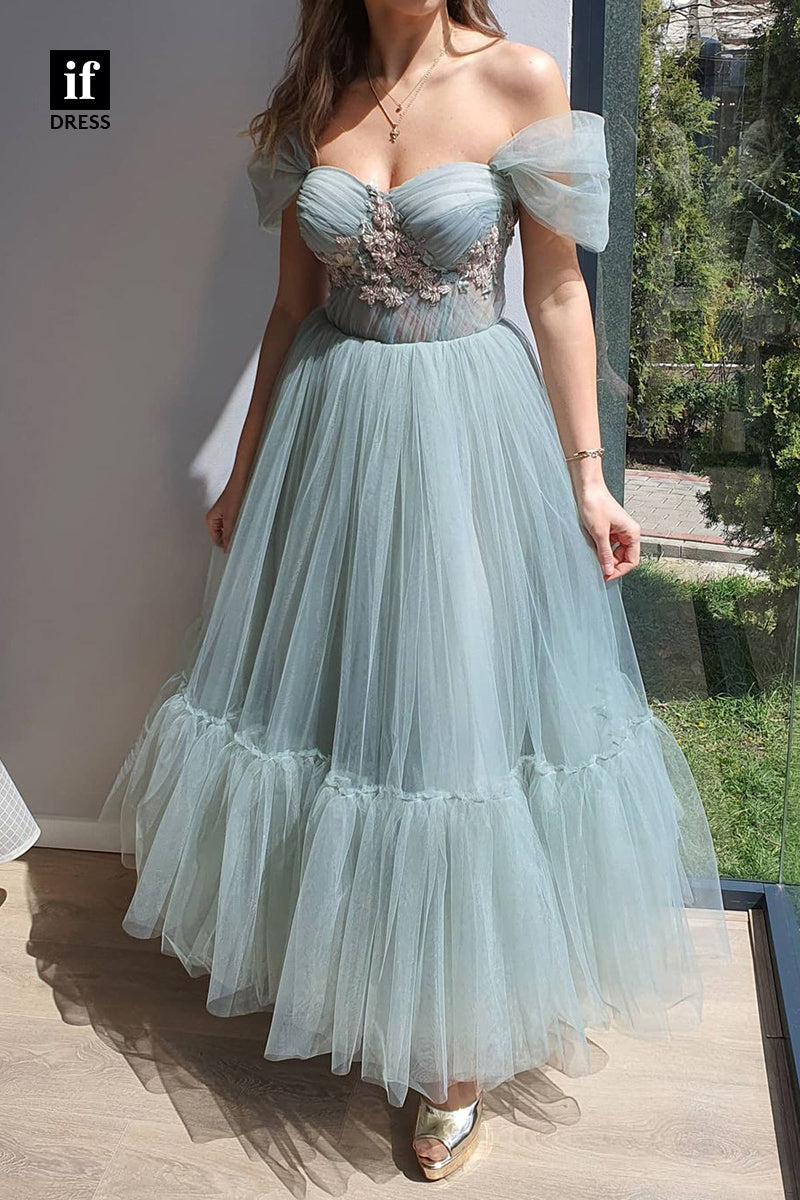 34045 - A-line Off the Shoulder Appliques Vintage Formal Evening Dress