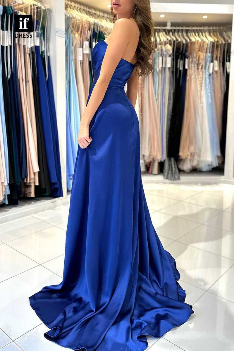 34067 - A Line Sweetheart Pleats Side Slit Long Prom Bridesmaid Dress with Train