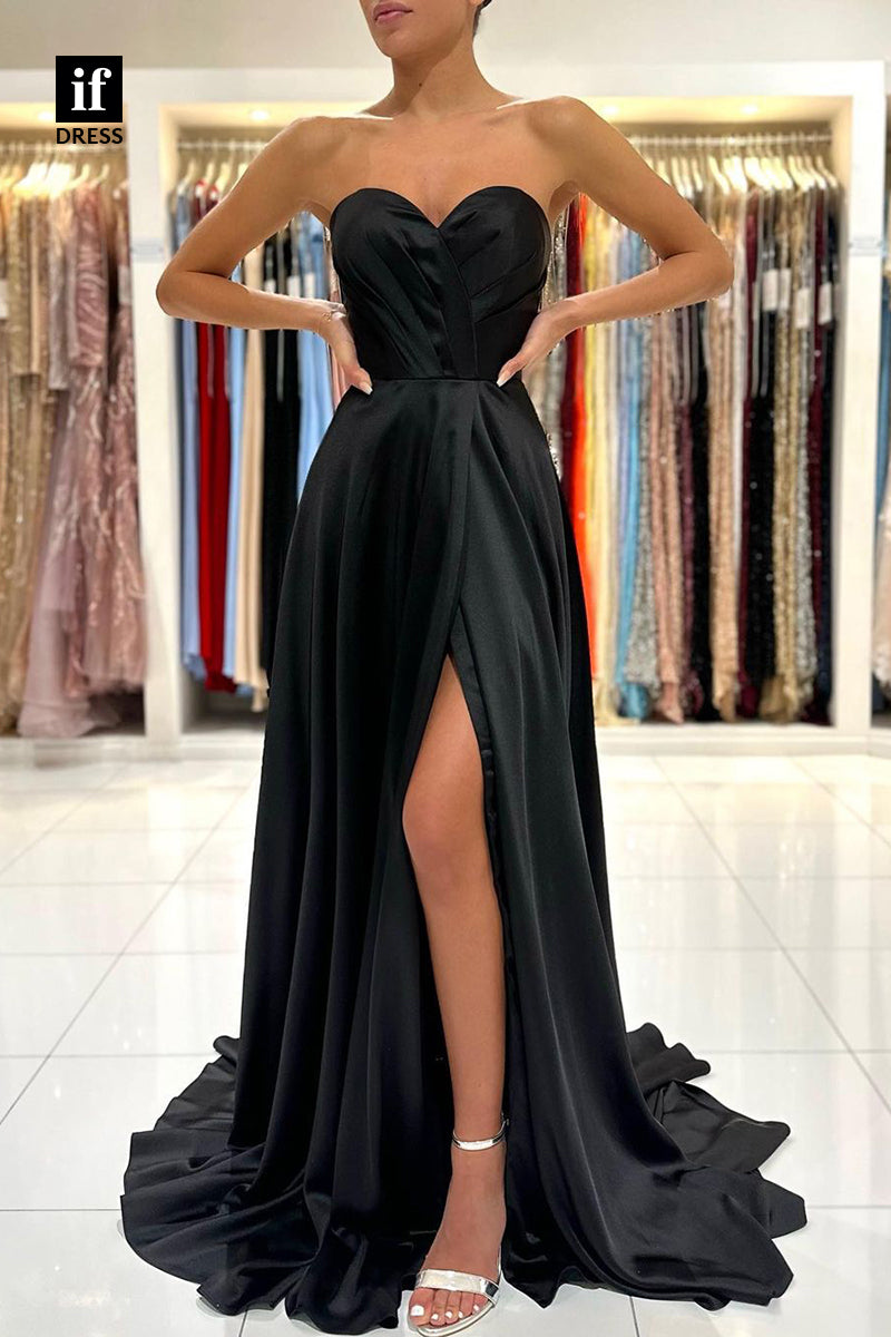 34067 - A Line Sweetheart Pleats Side Slit Long Prom Bridesmaid Dress with Train