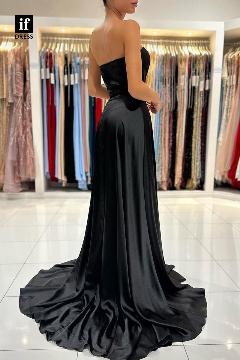 34067 - A Line Sweetheart Pleats Side Slit Long Prom Bridesmaid Dress with Train