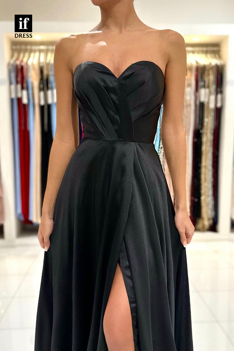 34067 - A Line Sweetheart Pleats Side Slit Long Prom Bridesmaid Dress with Train