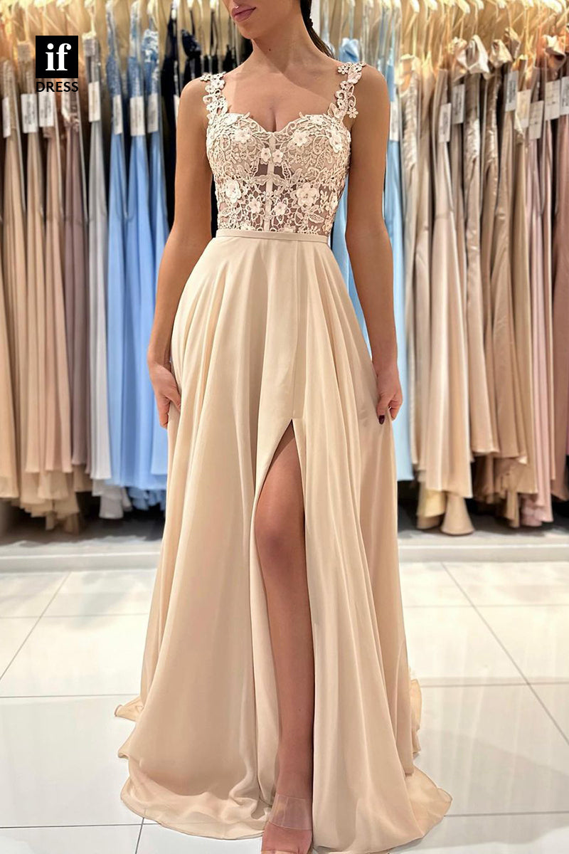 34068 - A Line Lace Top Appliques Long Prom Bridesmaid  Dress with Slit