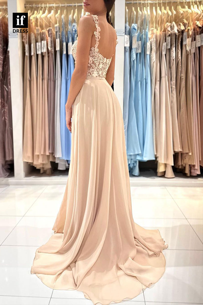 34068 - A Line Lace Top Appliques Long Prom Bridesmaid  Dress with Slit