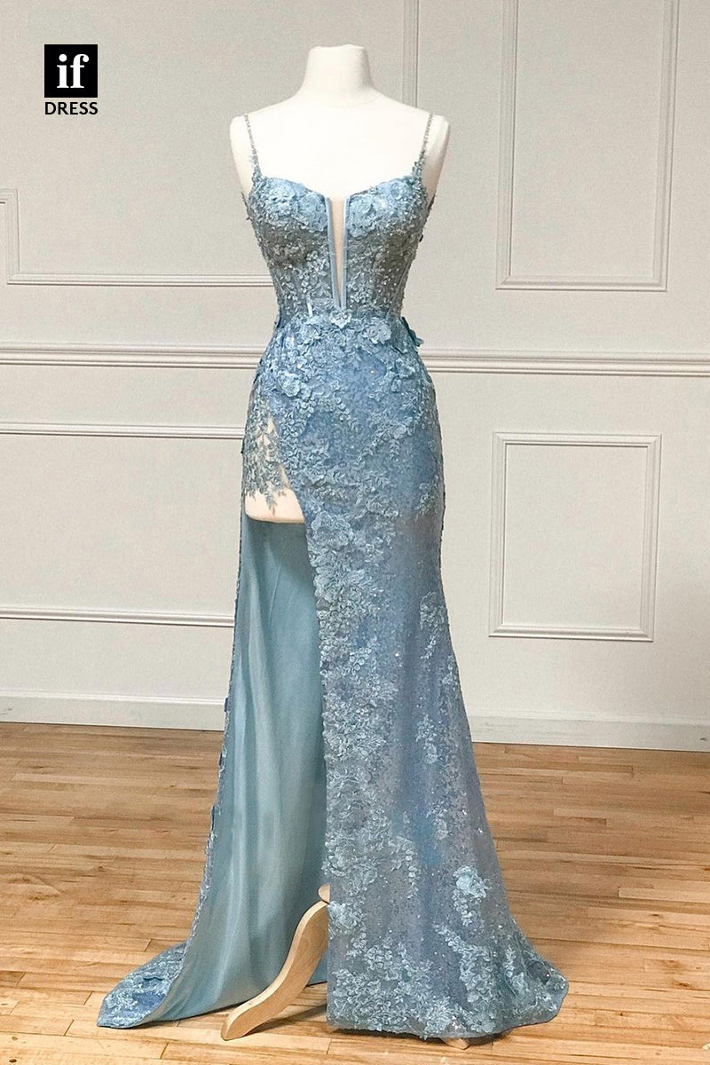 34150 - Timeless Spaghetti Straps V-Neck Appliques High Split Prom Evening Dress