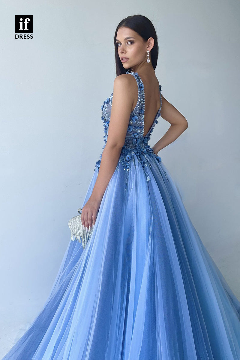 34151 - Charming A-Line V-Neck Appliques Tulle Prom Formal Dress