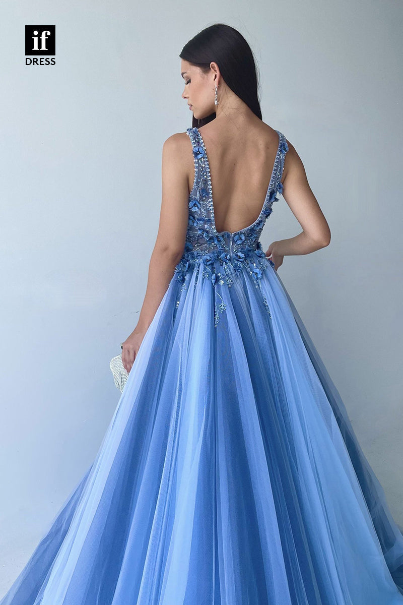 34151 - Charming A-Line V-Neck Appliques Tulle Prom Formal Dress