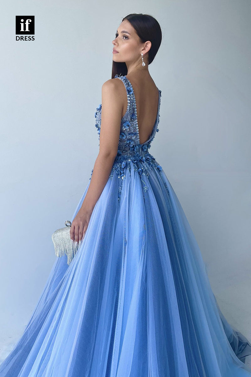 34151 - Charming A-Line V-Neck Appliques Tulle Prom Formal Dress