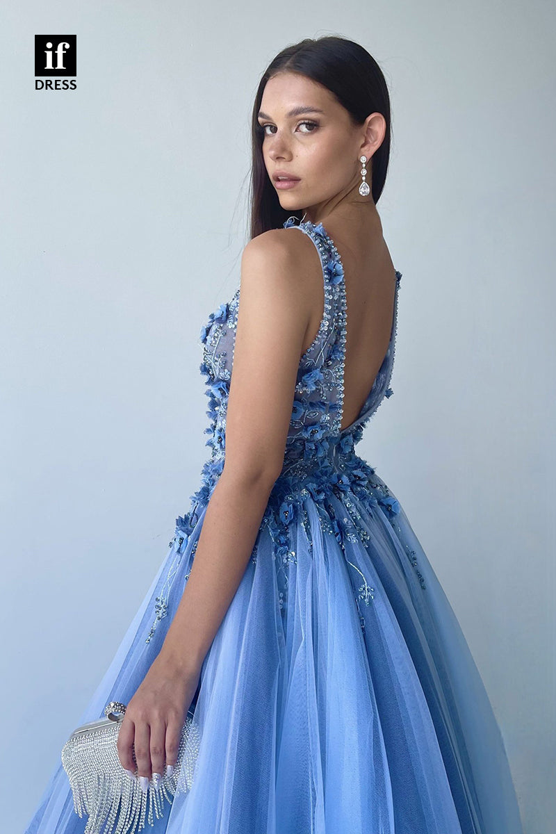 34151 - Charming A-Line V-Neck Appliques Tulle Prom Formal Dress