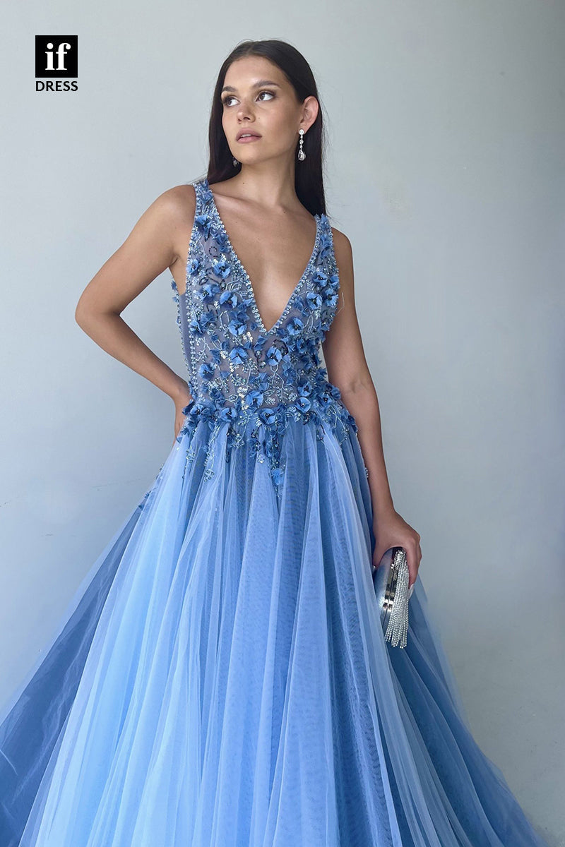 34151 - Charming A-Line V-Neck Appliques Tulle Prom Formal Dress