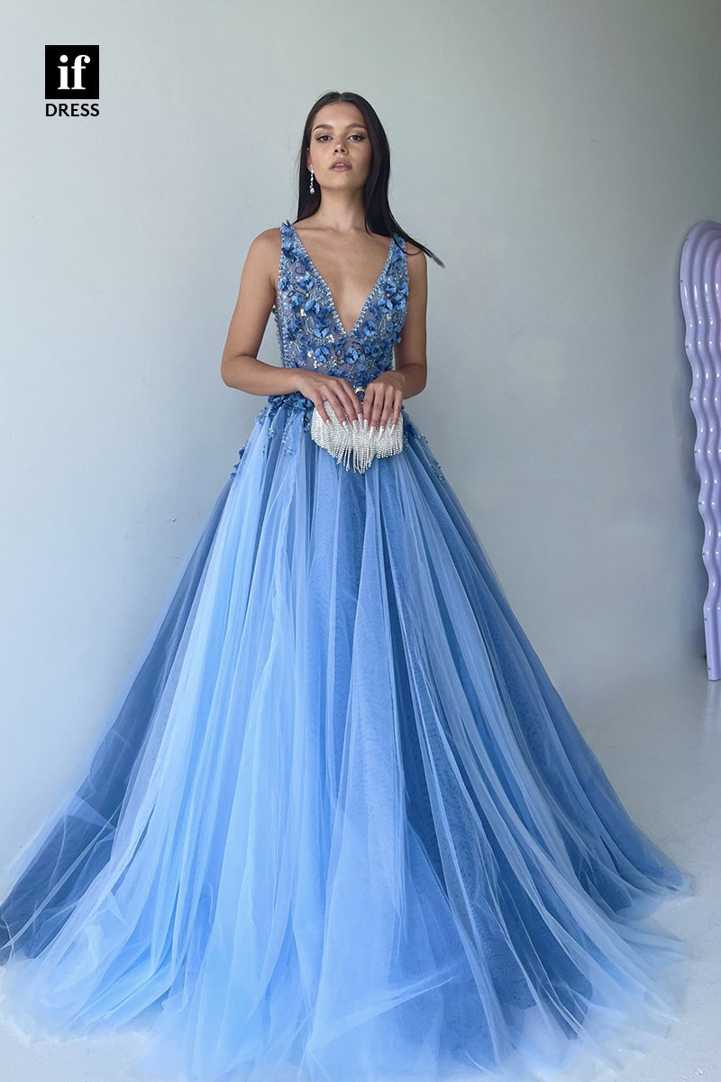 34151 - Charming A-Line V-Neck Appliques Tulle Prom Formal Dress