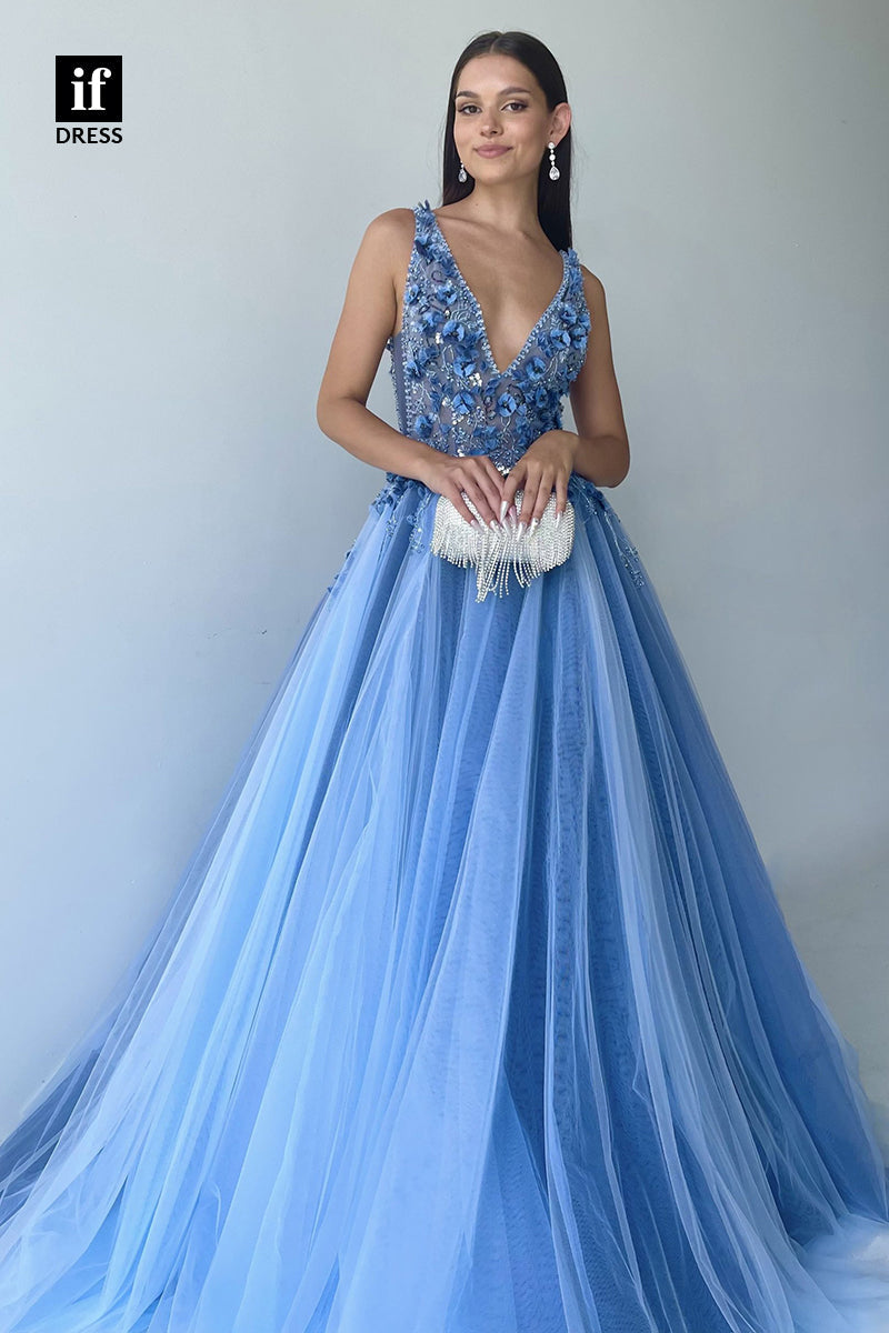 34151 - Charming A-Line V-Neck Appliques Tulle Prom Formal Dress