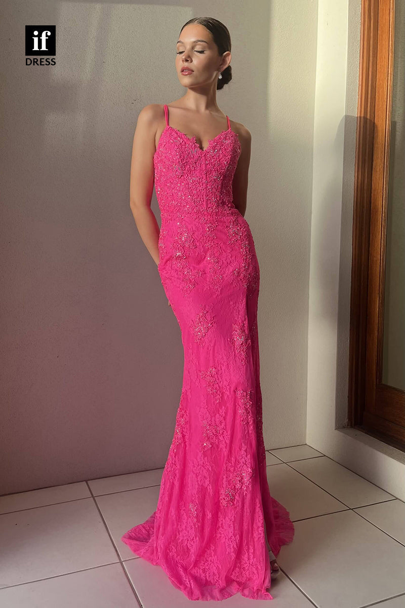 34152 - Sexy Spaghetti Straps V-Neck Side Split Prom Evening Dress