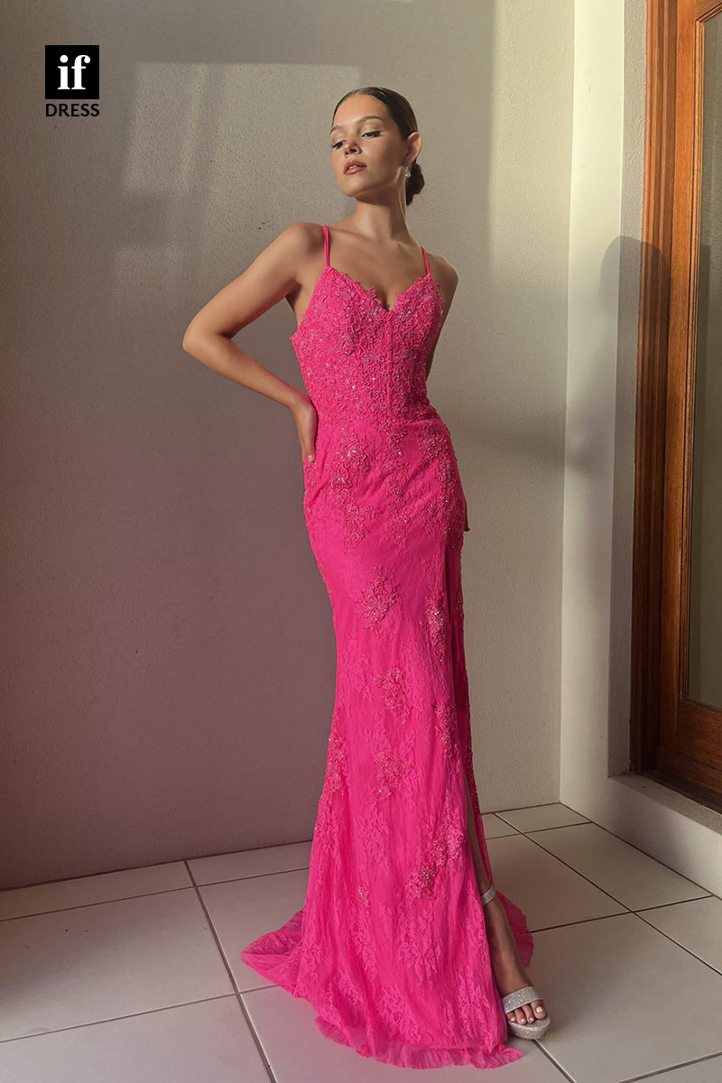 34152 - Sexy Spaghetti Straps V-Neck Side Split Prom Evening Dress