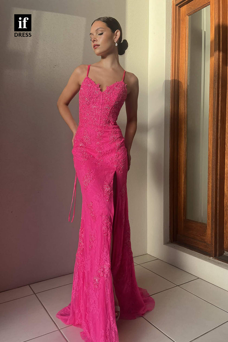 34152 - Sexy Spaghetti Straps V-Neck Side Split Prom Evening Dress