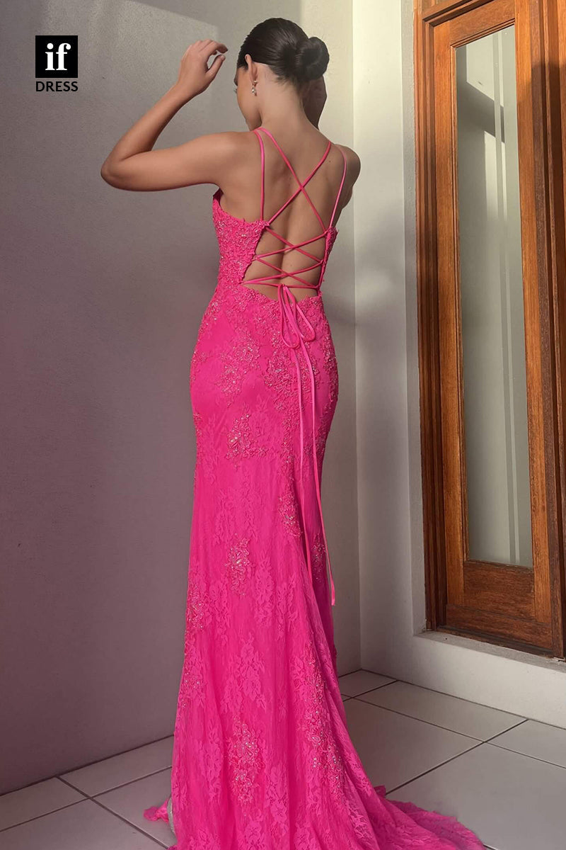 34152 - Sexy Spaghetti Straps V-Neck Side Split Prom Evening Dress