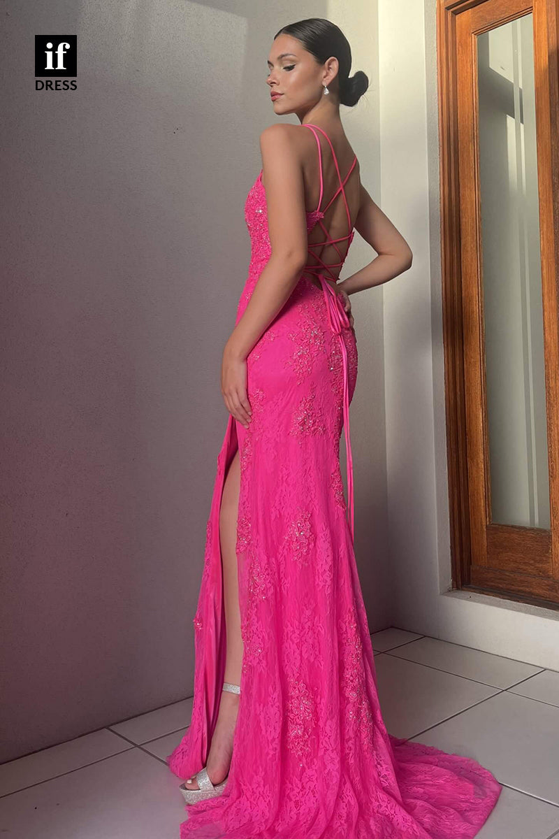 34152 - Sexy Spaghetti Straps V-Neck Side Split Prom Evening Dress