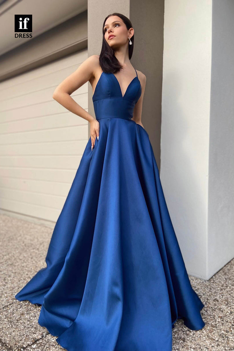 34155 - Classic Spaghetti Straps V-Neck A-Line Prom Formal Dress