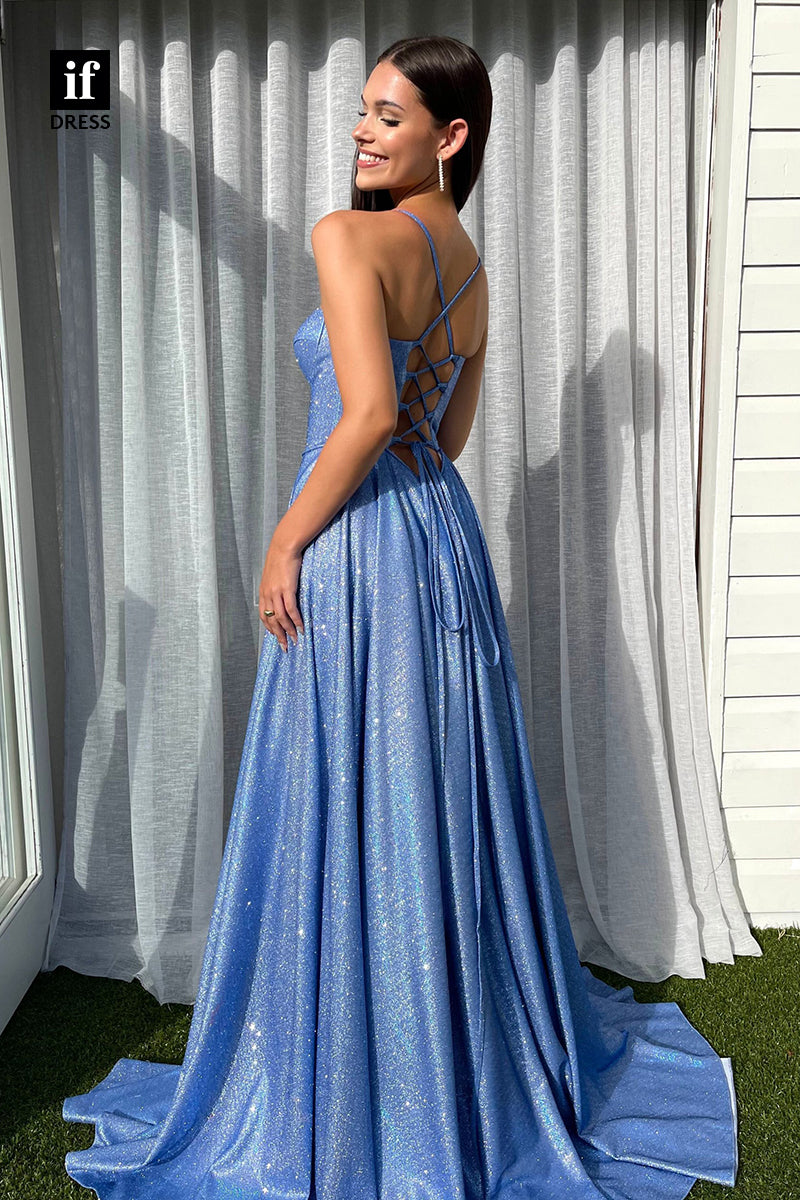 34162 - Sparkly A-Line Spaghetti Straps Long  Prom Formal Dress with Split