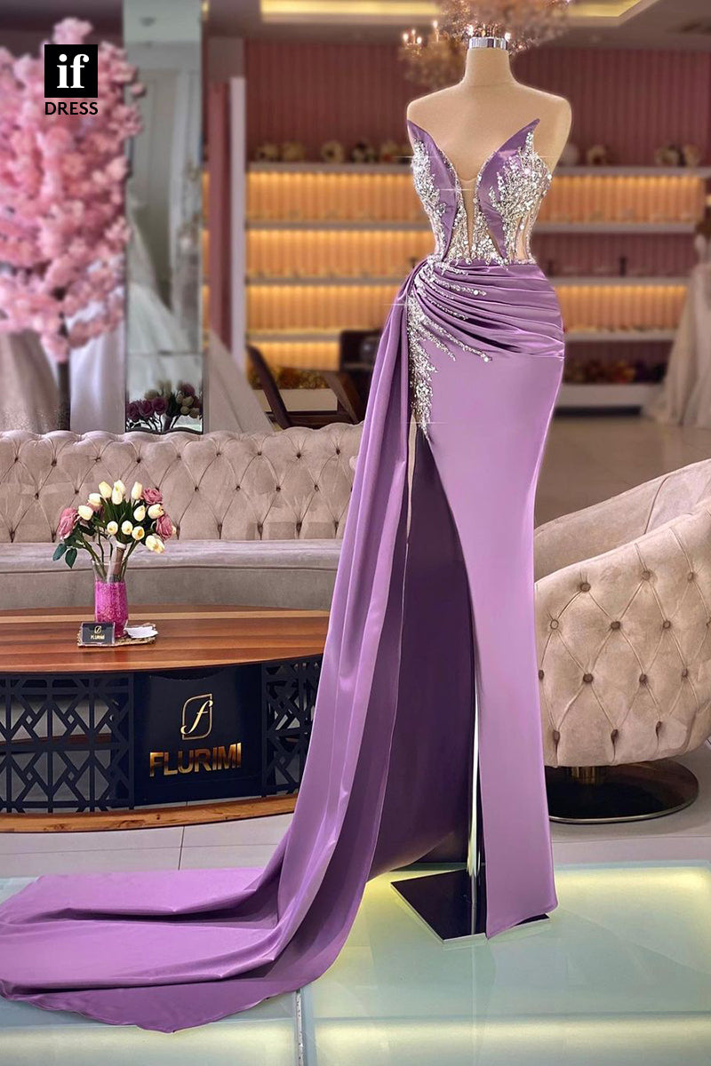 34165 - Generous Off-Shoulder Pleats Side Split Purple Prom Evening Dress