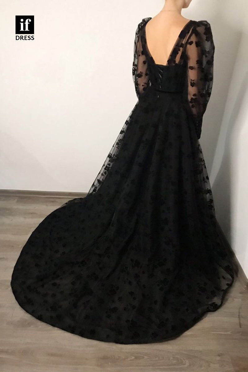 34166 - Elegant Long Sleeves V-Neck Applique  Prom Evening Party Dress