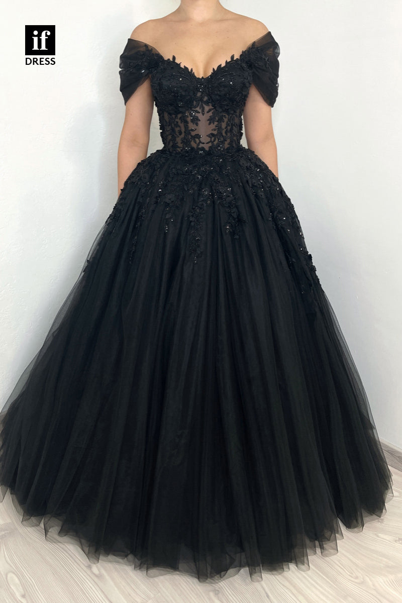 34168 - Off-Shoulder V-Neck Appliques Black Tulle Prom Evening Gown