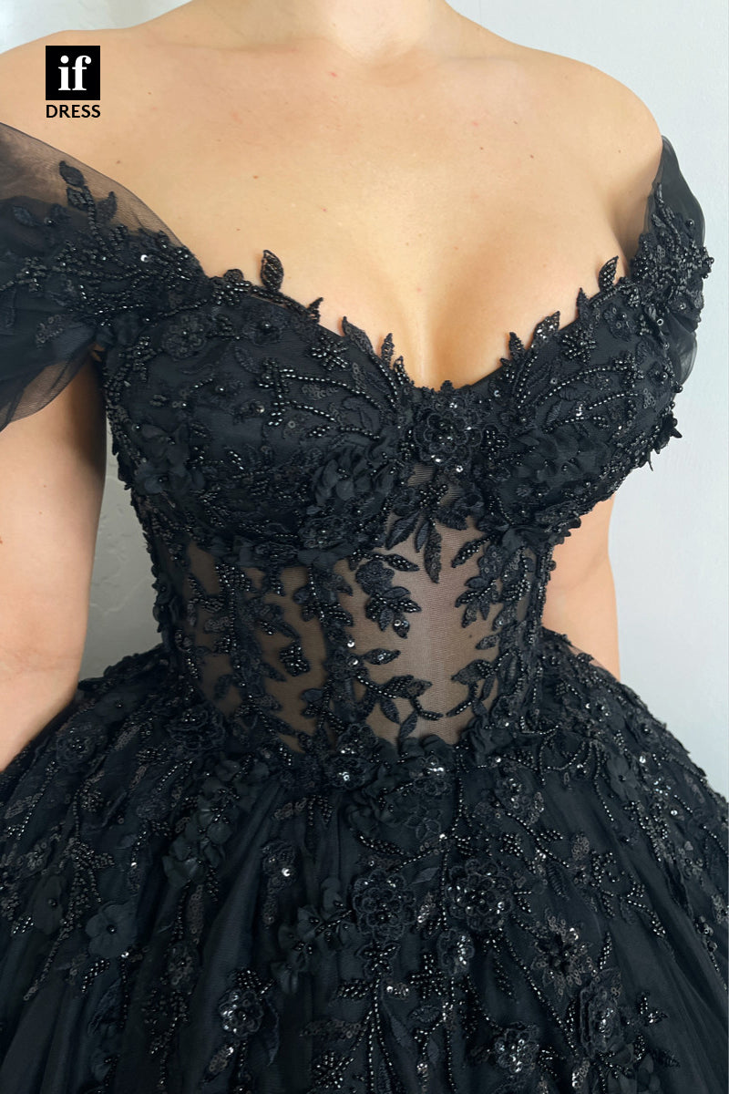 34168 - Off-Shoulder V-Neck Appliques Black Tulle Prom Evening Gown