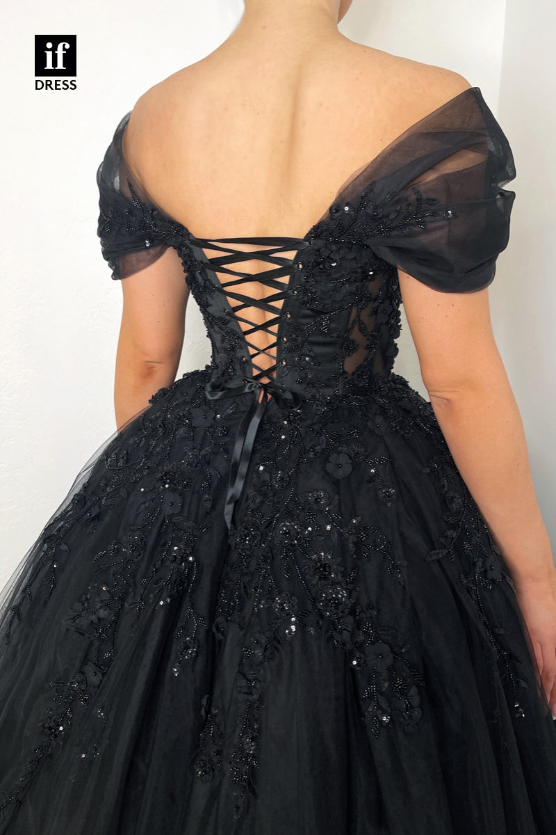 34168 - Off-Shoulder V-Neck Appliques Black Tulle Prom Evening Gown