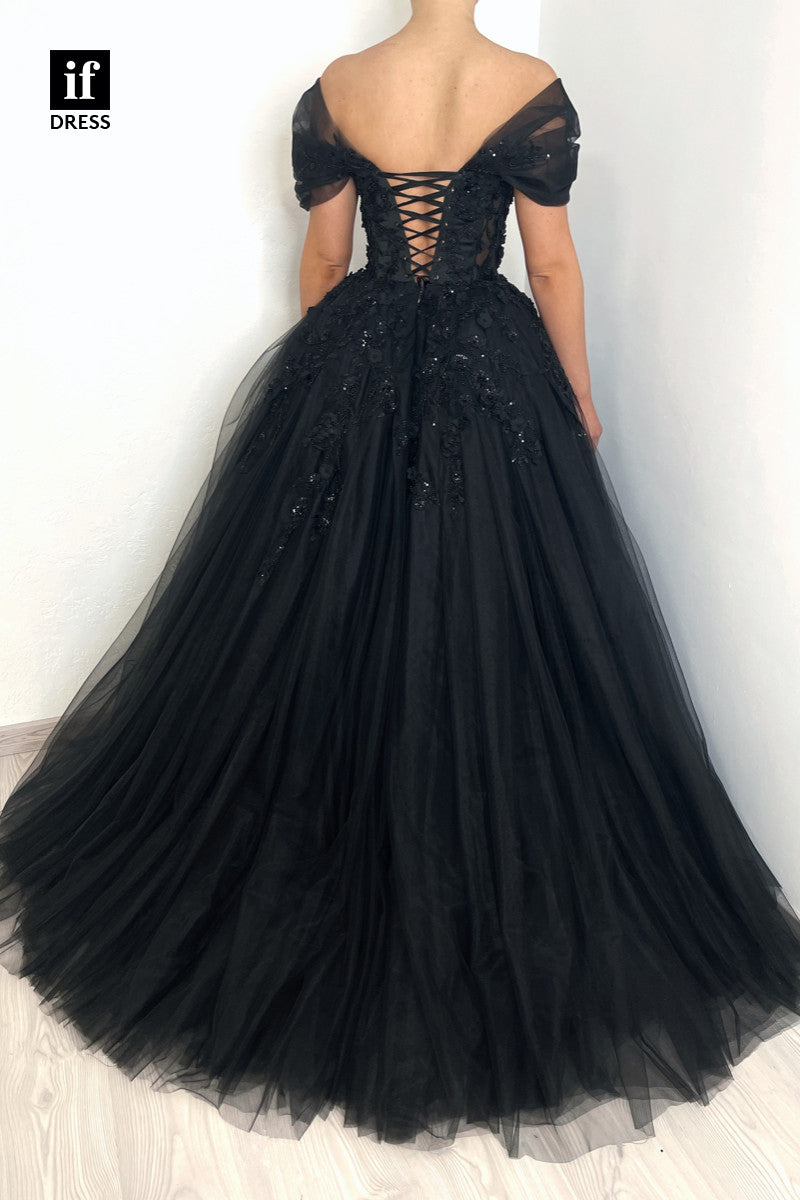 34168 - Off-Shoulder V-Neck Appliques Black Tulle Prom Evening Gown