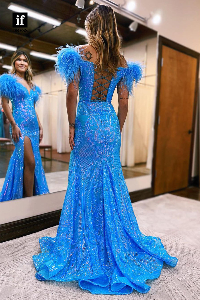 34173 - Honorable Sweetheart Side Split Feathers Mermaid Prom Formal Dress