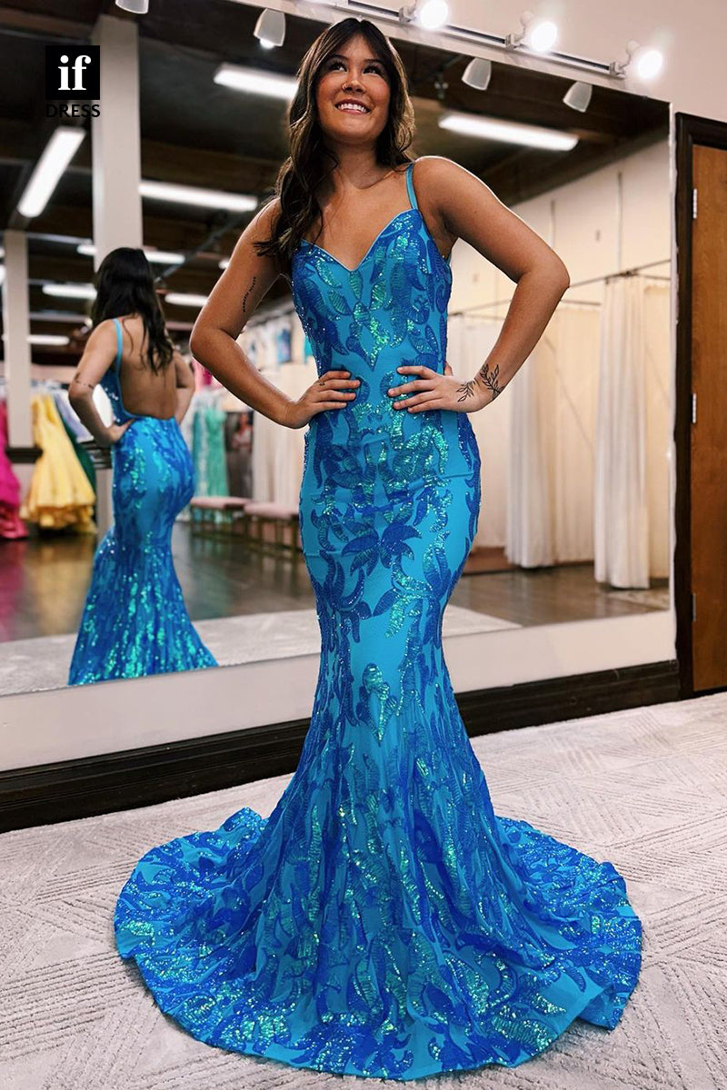 34175 - Spaghetti Straps V-Neck Appliques Mermaid Prom Formal Dress