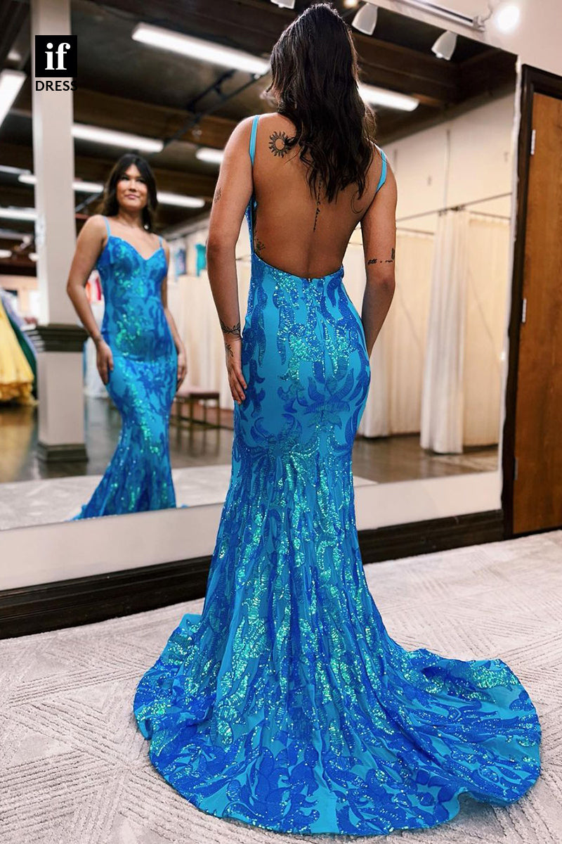 34175 - Spaghetti Straps V-Neck Appliques Mermaid Prom Formal Dress