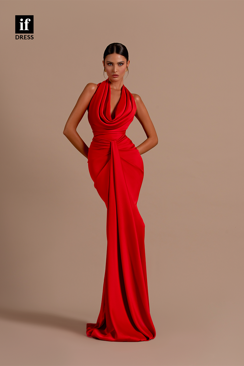 34183 - Unique Halter Red Pleats Sleeveless Satin Prom Evening Formal Dress