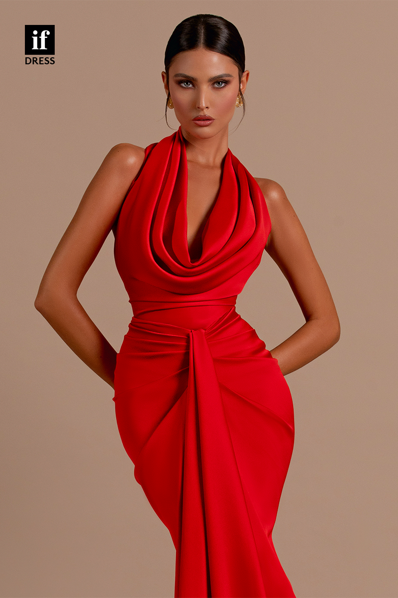 34183 - Unique Halter Red Pleats Sleeveless Satin Prom Evening Formal Dress