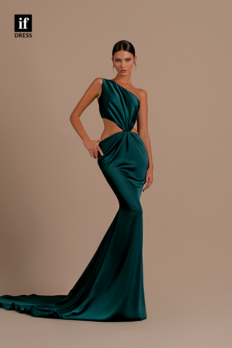 34190 - One Shoulder Pleats Long Sleeveless Prom Formal Party Dress