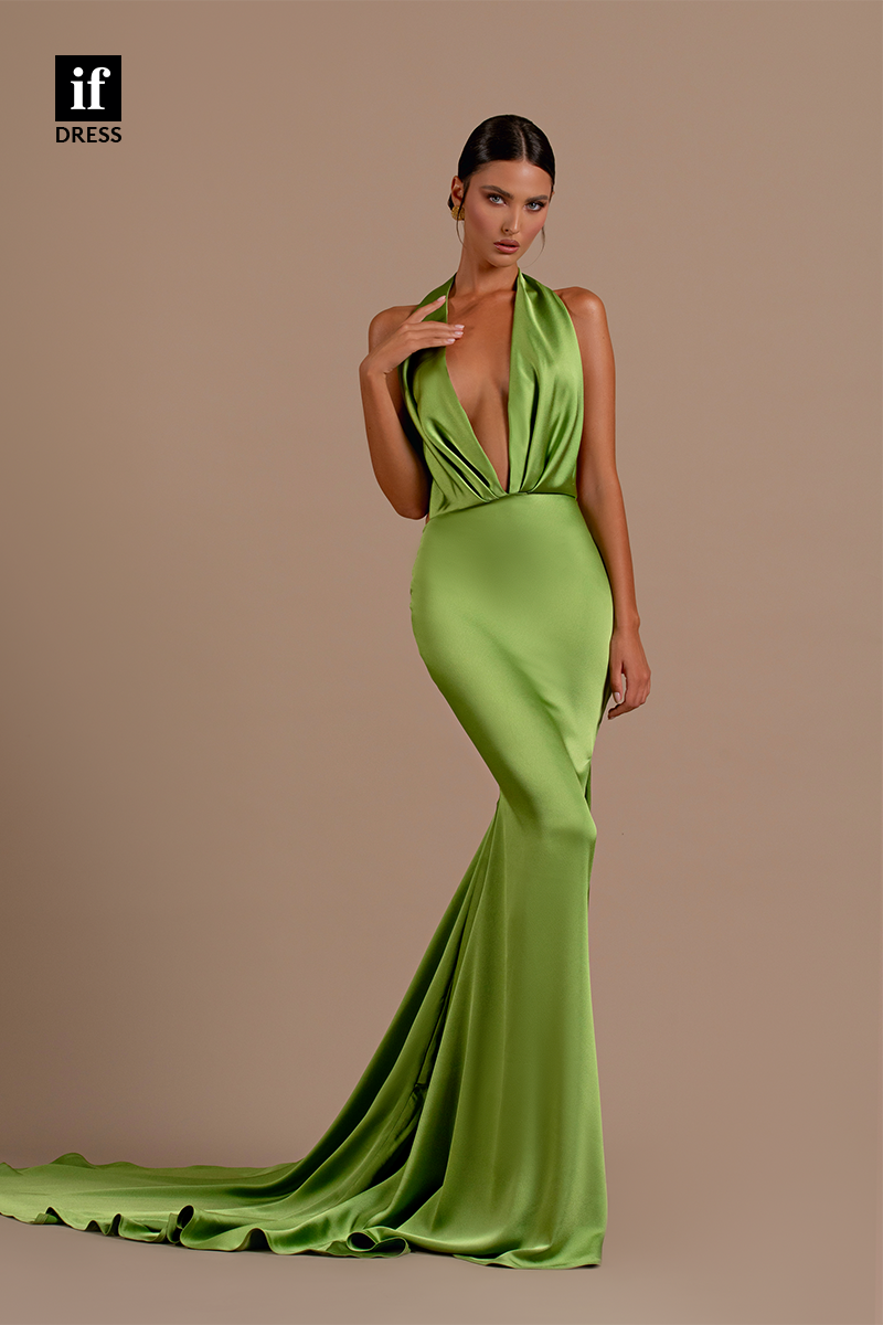 34191 - Low V-Neck Halter Mermaid Satin Long Prom Formal Evening Dress