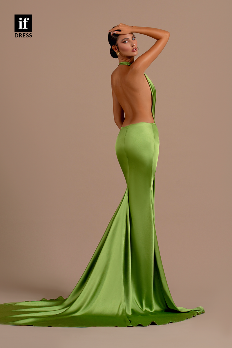 34191 - Low V-Neck Halter Mermaid Satin Long Prom Formal Evening Dress