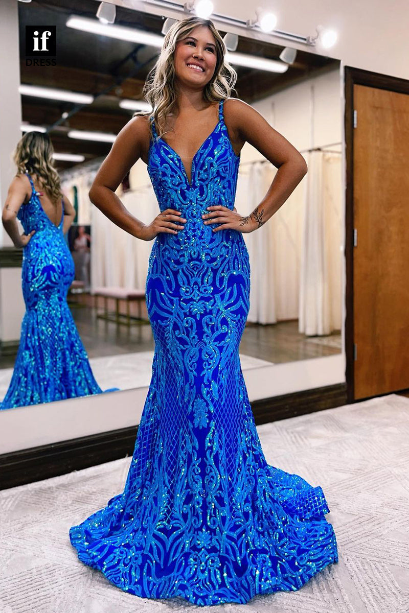 34193 - Attractive Spaghetti Straps Appliques V-Neck Mermaid Prom Formal Dress