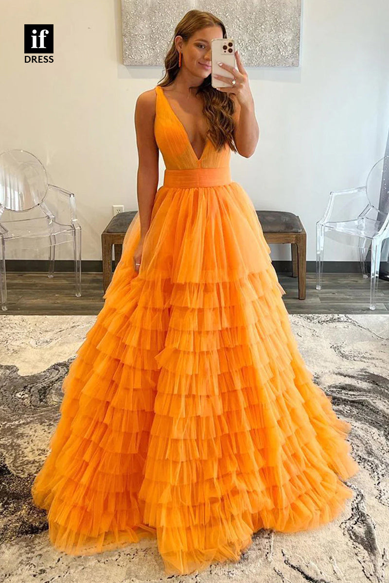 34198 - Attractive Plunging V-Neck Ball Gown Tirred Tulle Prom Evening Dresses