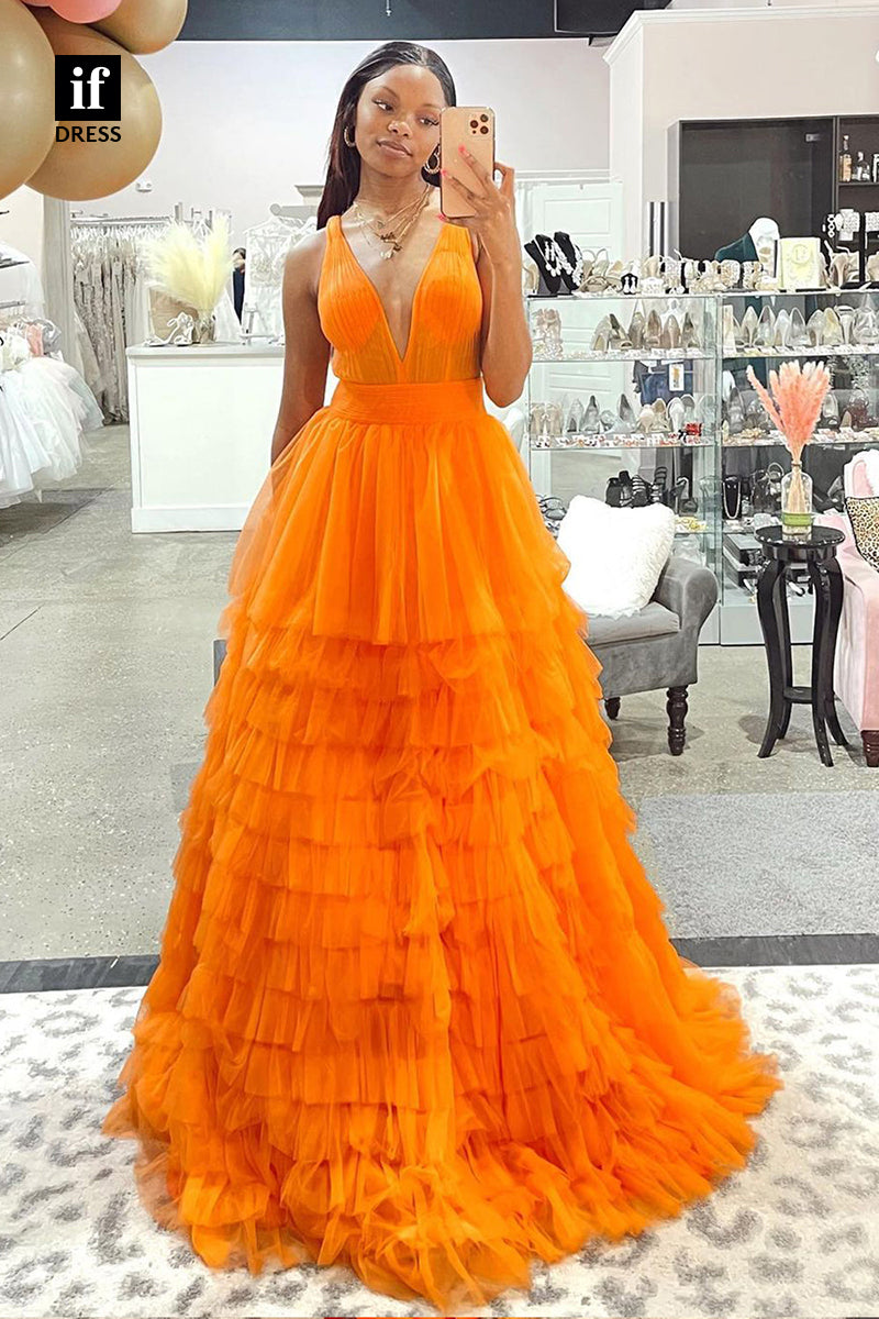 34198 - Attractive Plunging V-Neck Ball Gown Tirred Tulle Prom Evening Dresses