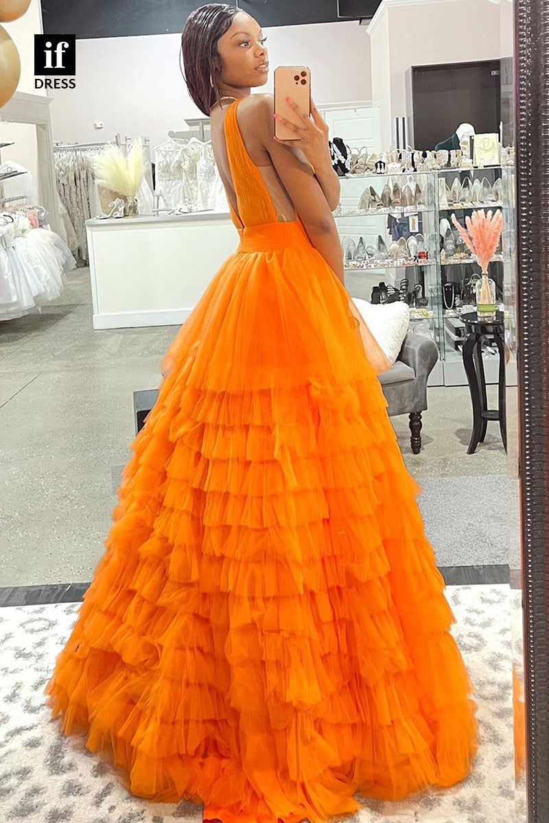 34198 - Attractive Plunging V-Neck Ball Gown Tirred Tulle Prom Evening Dresses