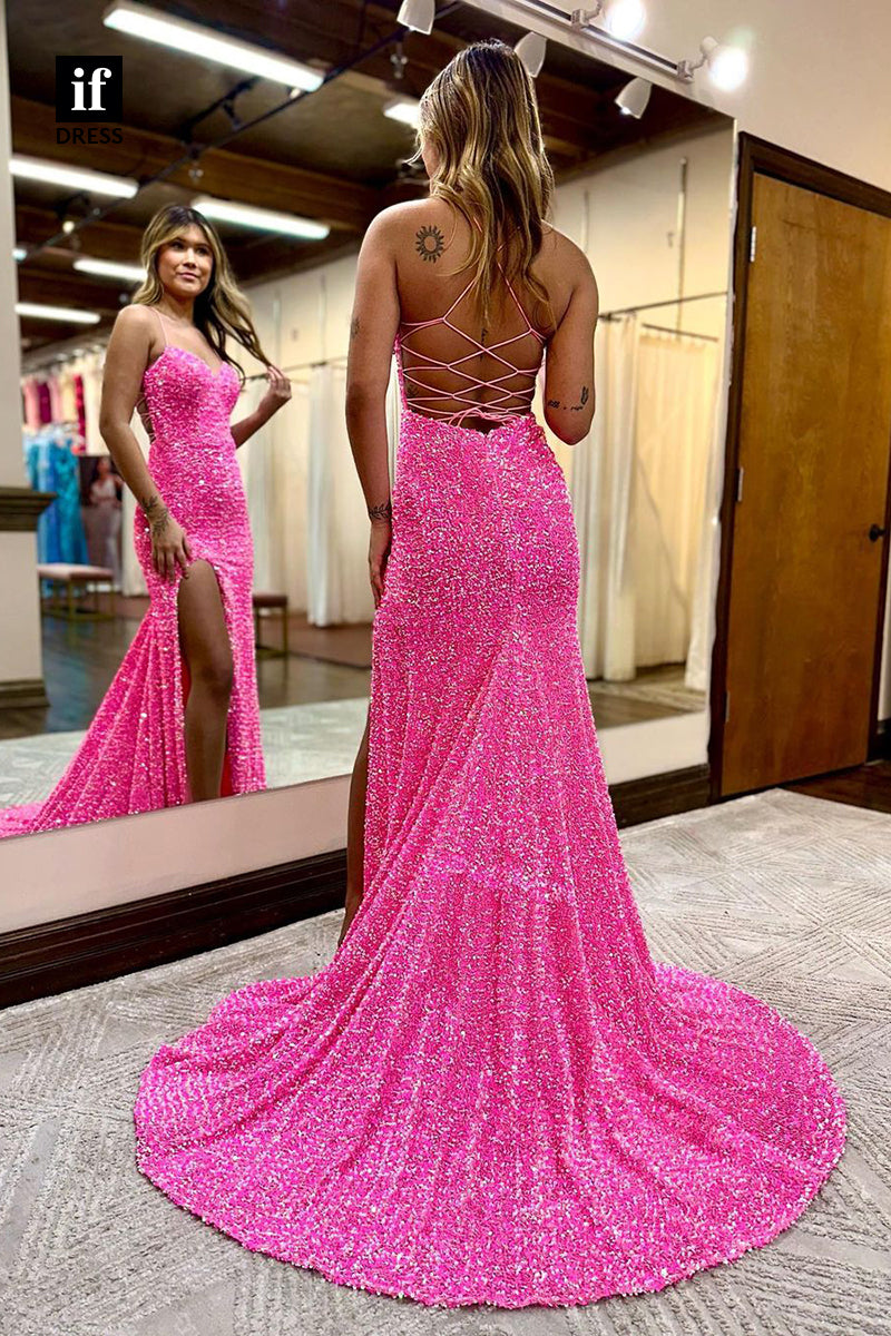 34204 - Sexy Spaghetti Straps V-Neck Side Split Sequined Prom Evening Dress