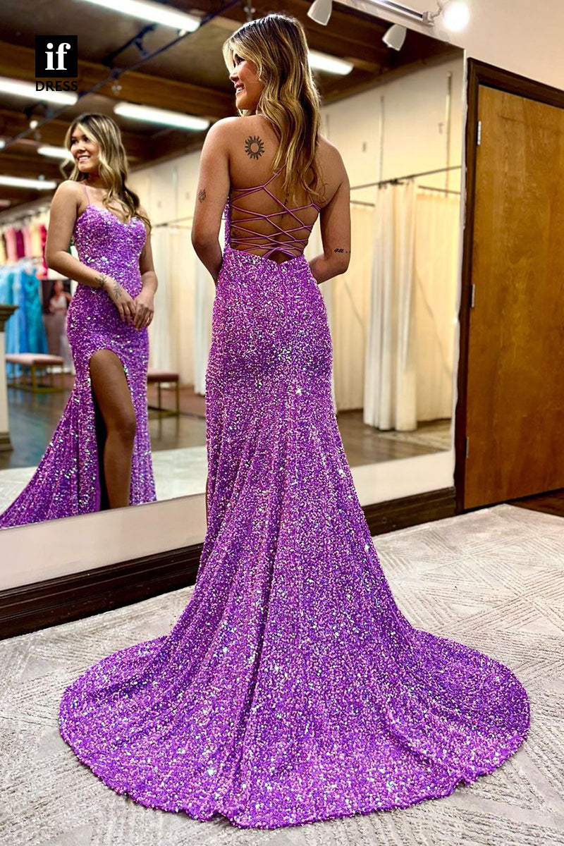 34204 - Sexy Spaghetti Straps V-Neck Side Split Sequined Prom Evening Dress