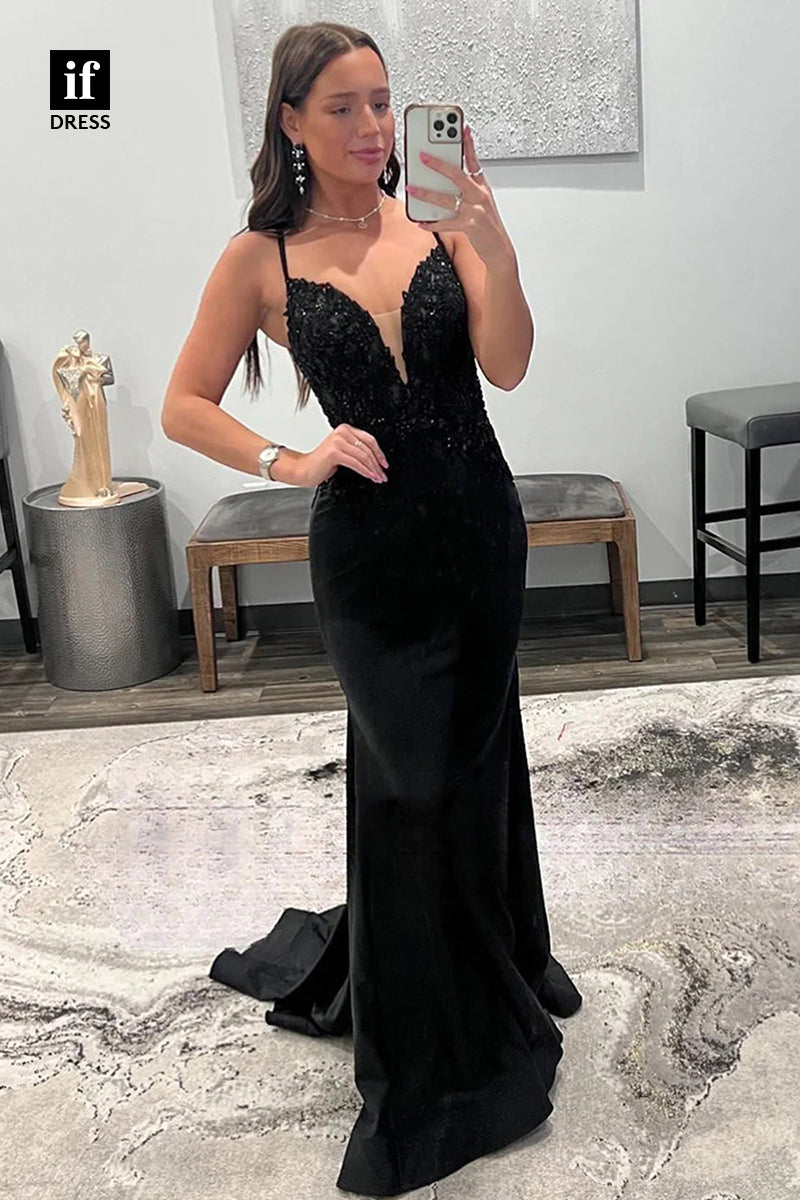 34207 - Spaghetti Straps Plunging V-Neck Beads Prom Formal Dress