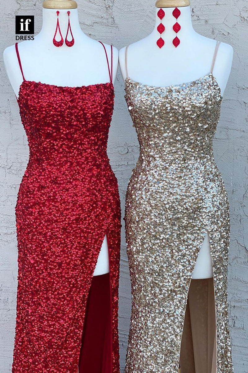 34054 - Sexy Spaghetti Straps Side Split Sequined High Slit  Prom Party Dress