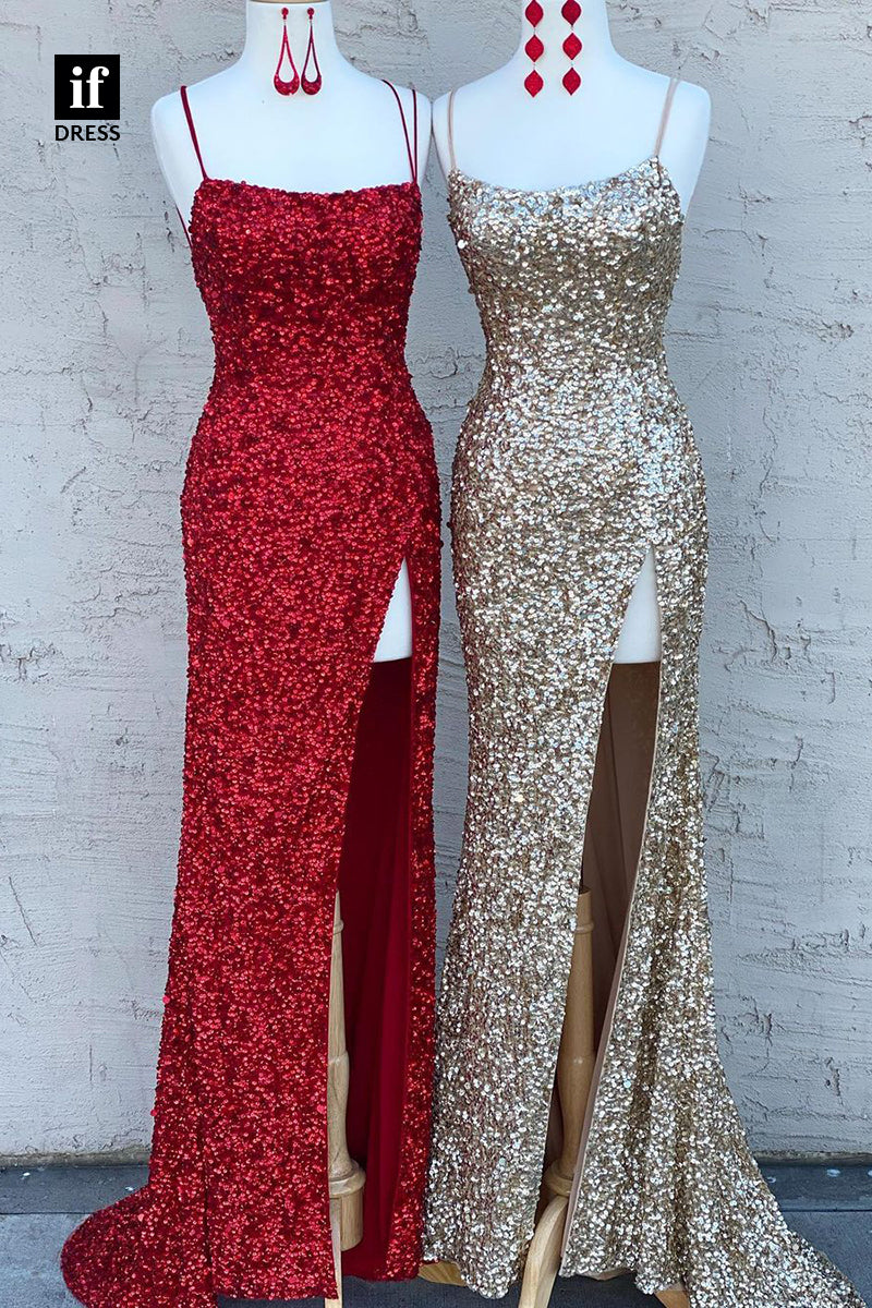 34054 - Sexy Spaghetti Straps Side Split Sequined High Slit  Prom Party Dress