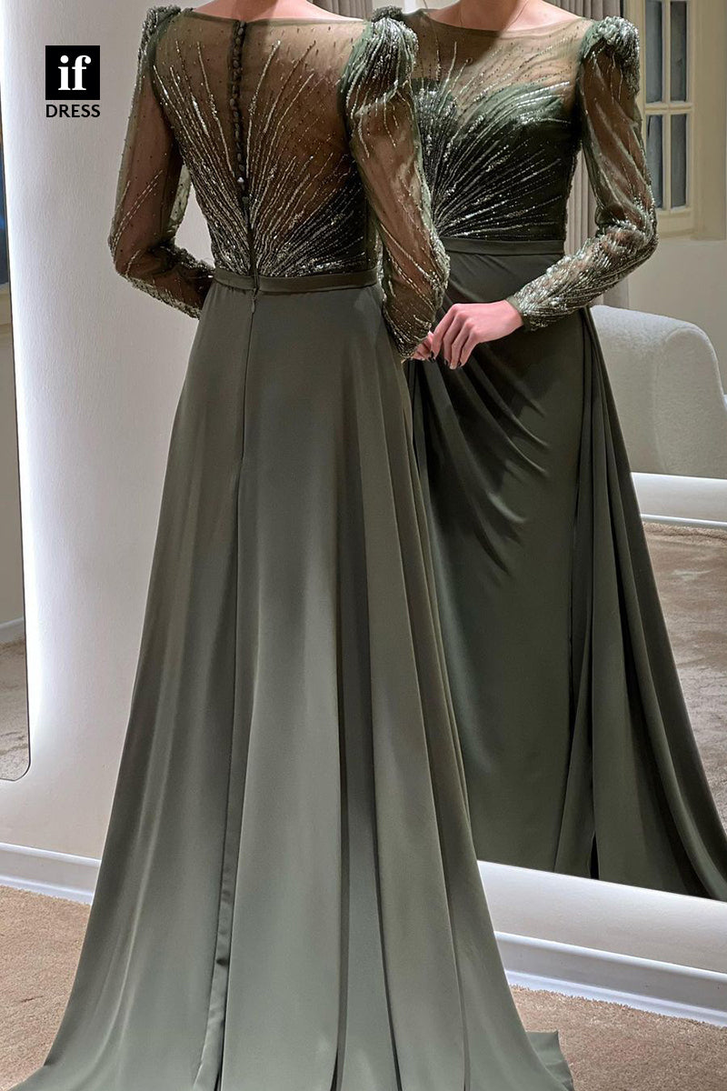 34217 - Classic Long Sleeves High Slit  A-Line Pleats Rhinestones Evening Formal Dress