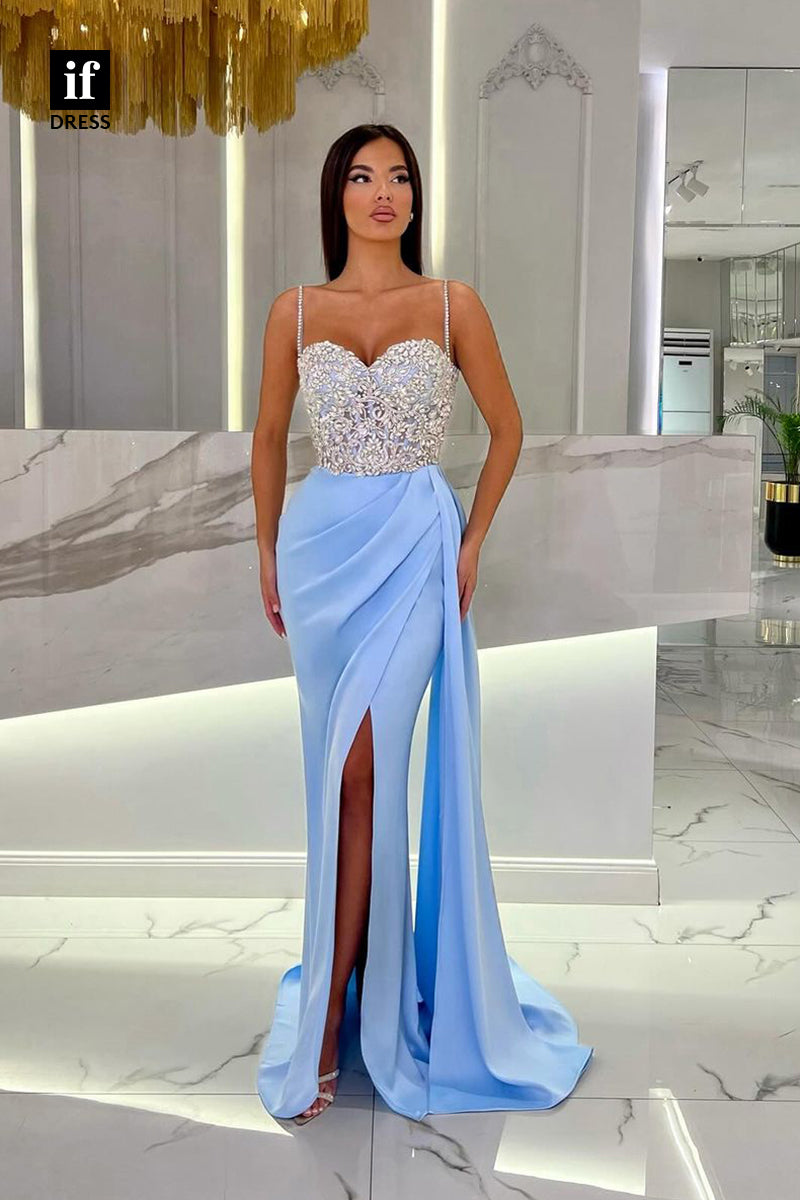 34219 - Sapghetti Dtraps Pleats Beads High Split Sheath/Column Prom Formal Dress