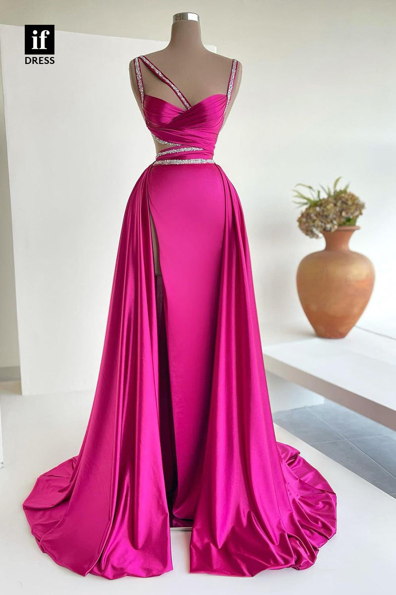 34253 - Charming A-Line Straps Pleated Sleeveelss High Split Long Prom Evening Dress